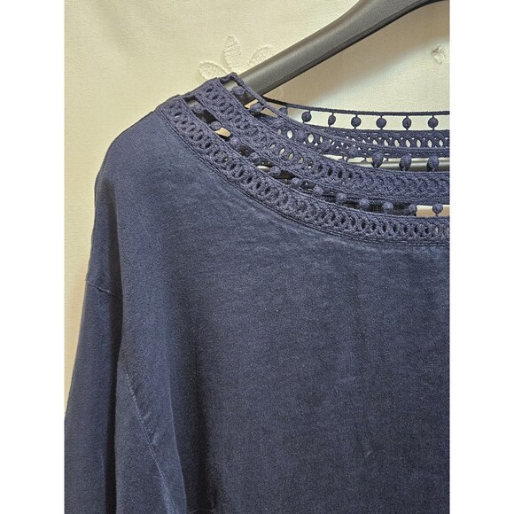 J Jill Womens 3X Navy Blue Top Linen Coastal Tunic Peasant Cottagecore Crochet - Picture 6 of 15